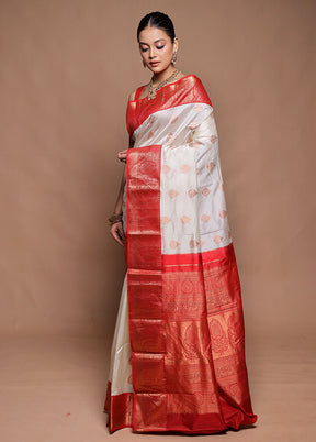 Cream Handloom Kanjivaram Pure Silk Saree With Blouse Piece
