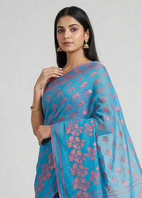 Blue Jamdani Cotton Saree Without Blouse Piece