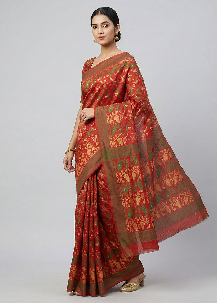 Red Jamdani Cotton Saree Without Blouse Piece