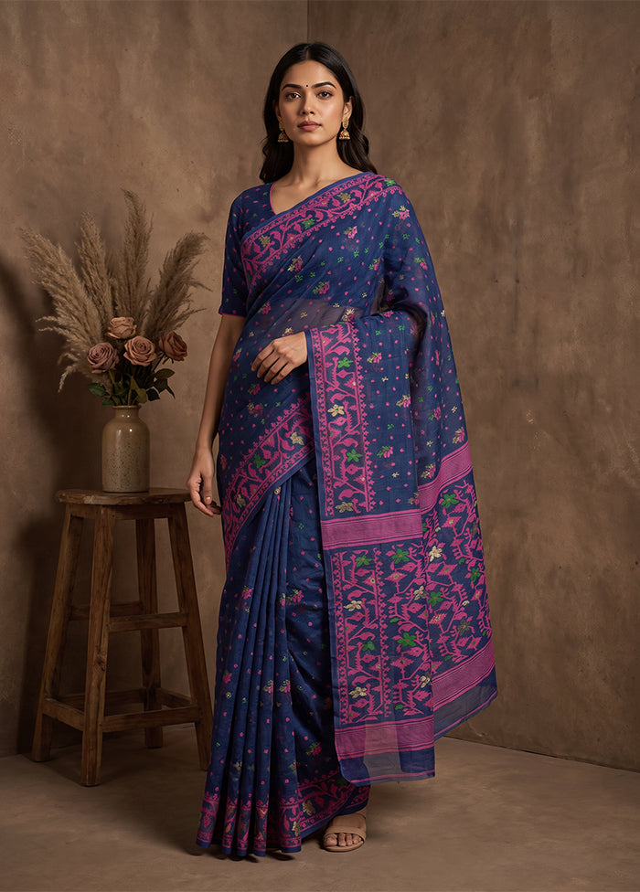 Blue Jamdani Cotton Saree Without Blouse Piece