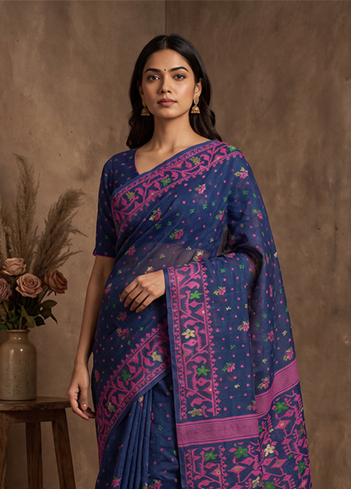 Blue Jamdani Cotton Saree Without Blouse Piece