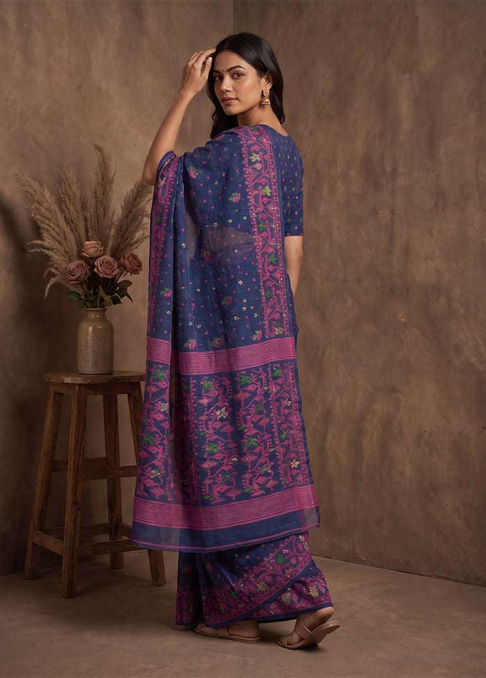 Blue Jamdani Cotton Saree Without Blouse Piece