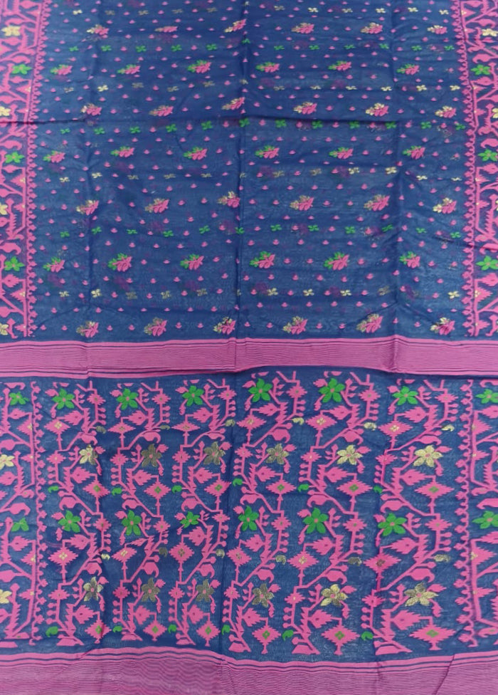 Blue Jamdani Cotton Saree Without Blouse Piece