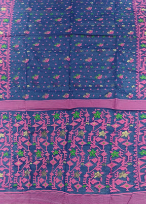 Blue Jamdani Cotton Saree Without Blouse Piece