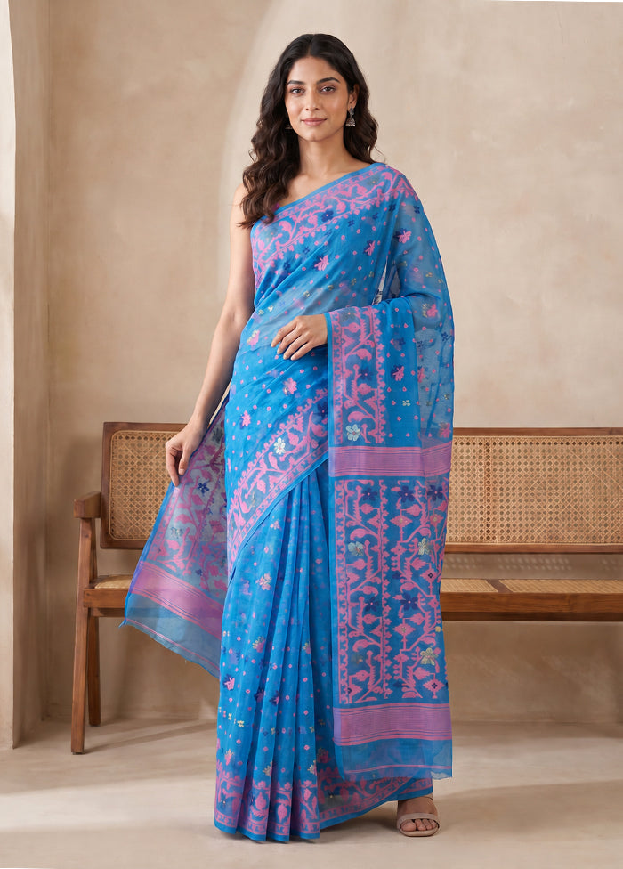 Blue Jamdani Cotton Saree Without Blouse Piece