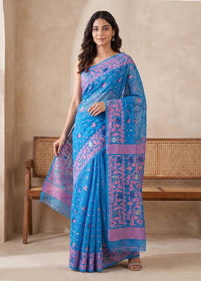 Blue Jamdani Cotton Saree Without Blouse Piece
