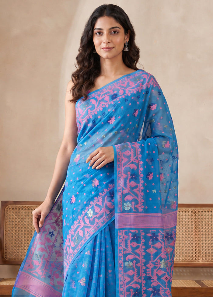 Blue Jamdani Cotton Saree Without Blouse Piece