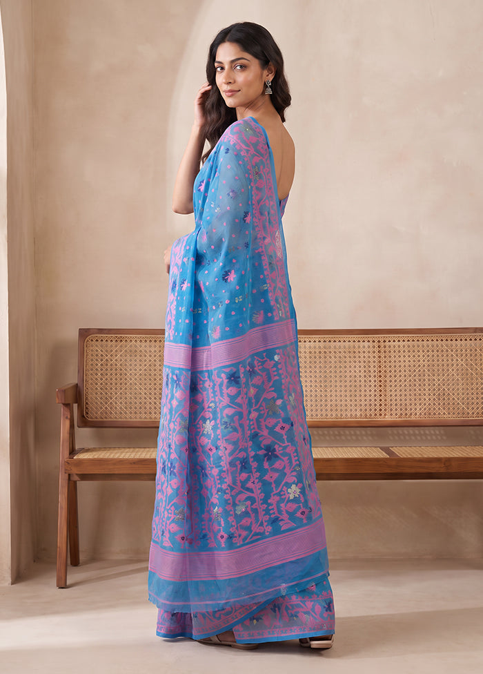 Blue Jamdani Cotton Saree Without Blouse Piece