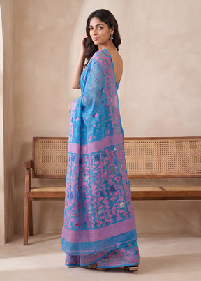Blue Jamdani Cotton Saree Without Blouse Piece