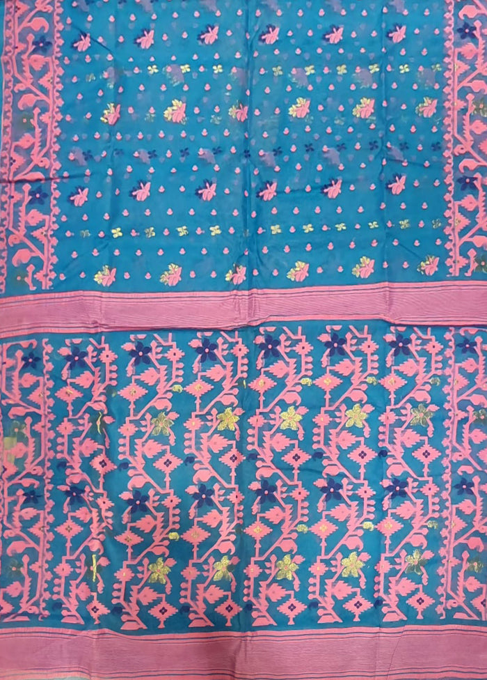 Blue Jamdani Cotton Saree Without Blouse Piece