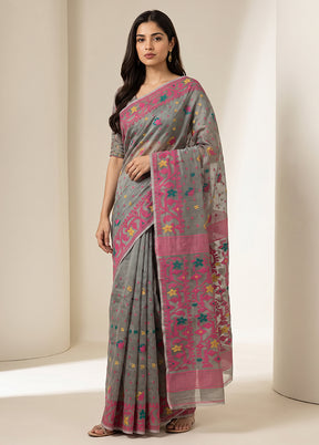 Grey Jamdani Cotton Saree Without Blouse Piece