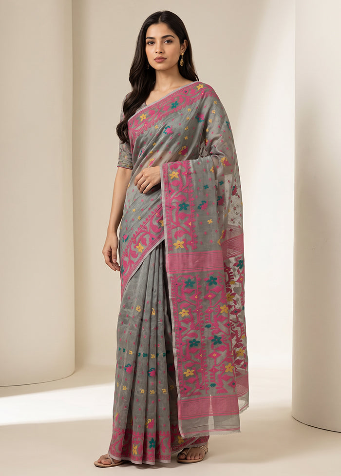 Grey Jamdani Cotton Saree Without Blouse Piece
