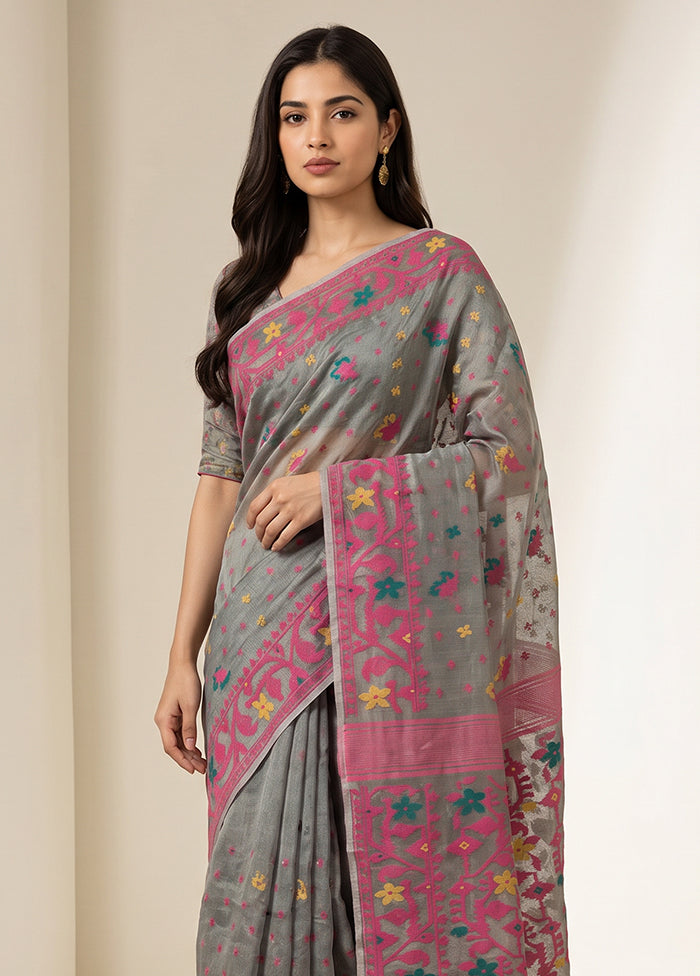 Grey Jamdani Cotton Saree Without Blouse Piece