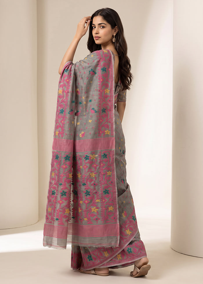 Grey Jamdani Cotton Saree Without Blouse Piece