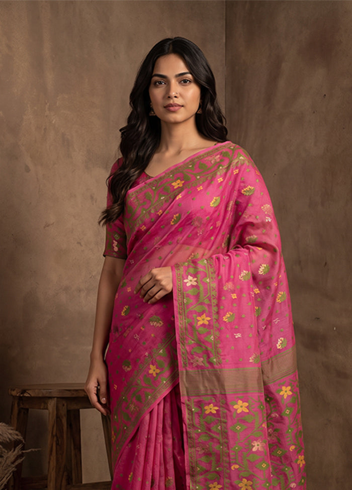 Pink Jamdani Cotton Saree Without Blouse Piece