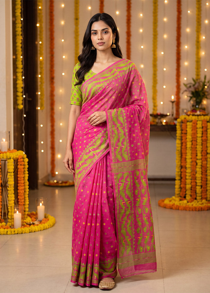 Pink Jamdani Cotton Saree Without Blouse Piece