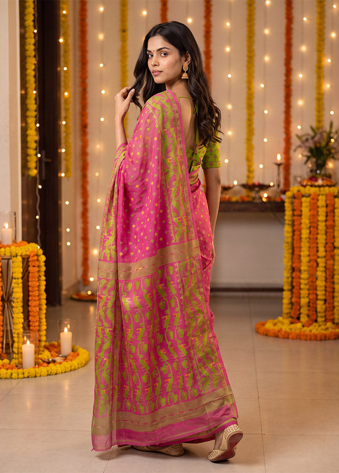 Pink Jamdani Cotton Saree Without Blouse Piece