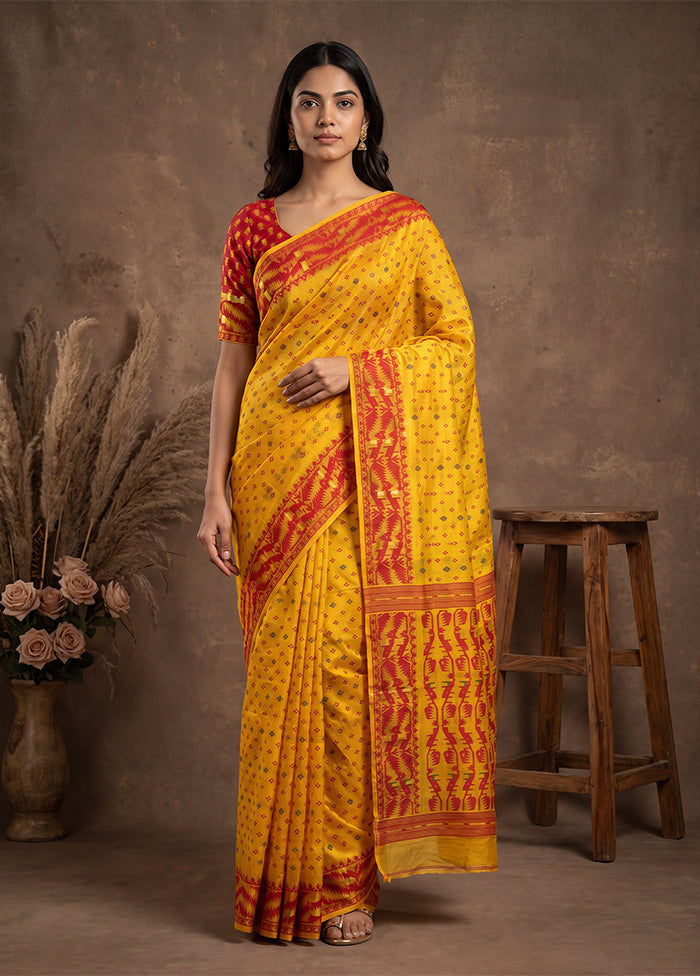 Yellow Jamdani Cotton Saree Without Blouse Piece