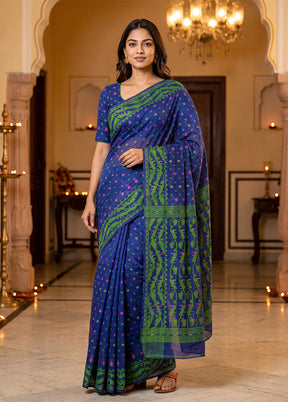 Blue Jamdani Cotton Saree Without Blouse Piece