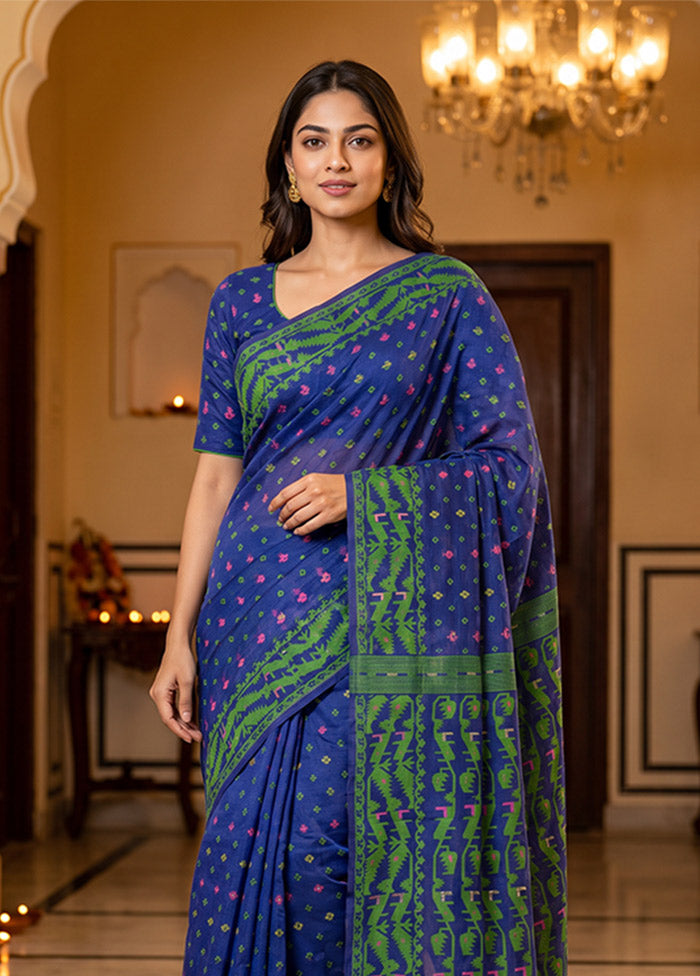 Blue Jamdani Cotton Saree Without Blouse Piece