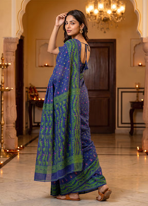 Blue Jamdani Cotton Saree Without Blouse Piece