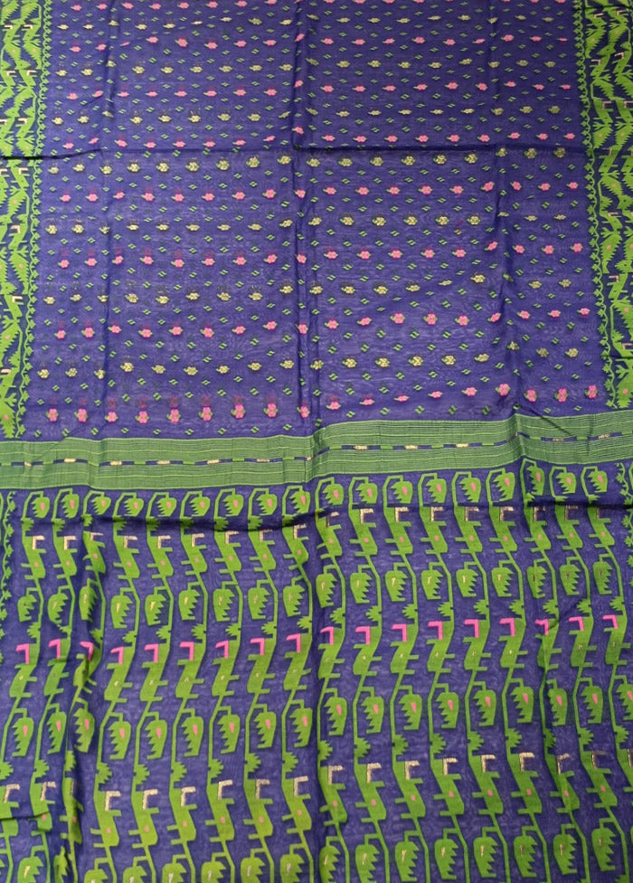 Blue Jamdani Cotton Saree Without Blouse Piece