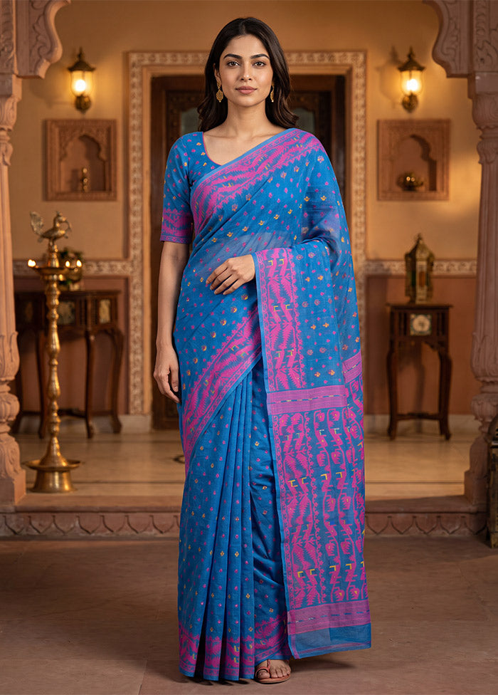 Blue Jamdani Cotton Saree Without Blouse Piece
