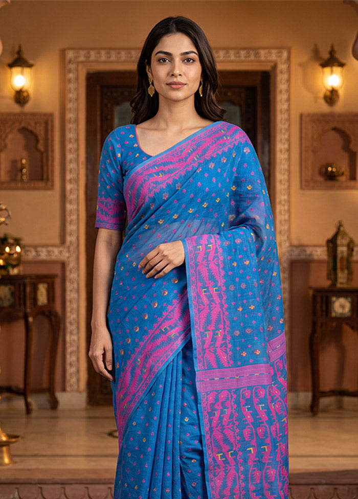 Blue Jamdani Cotton Saree Without Blouse Piece