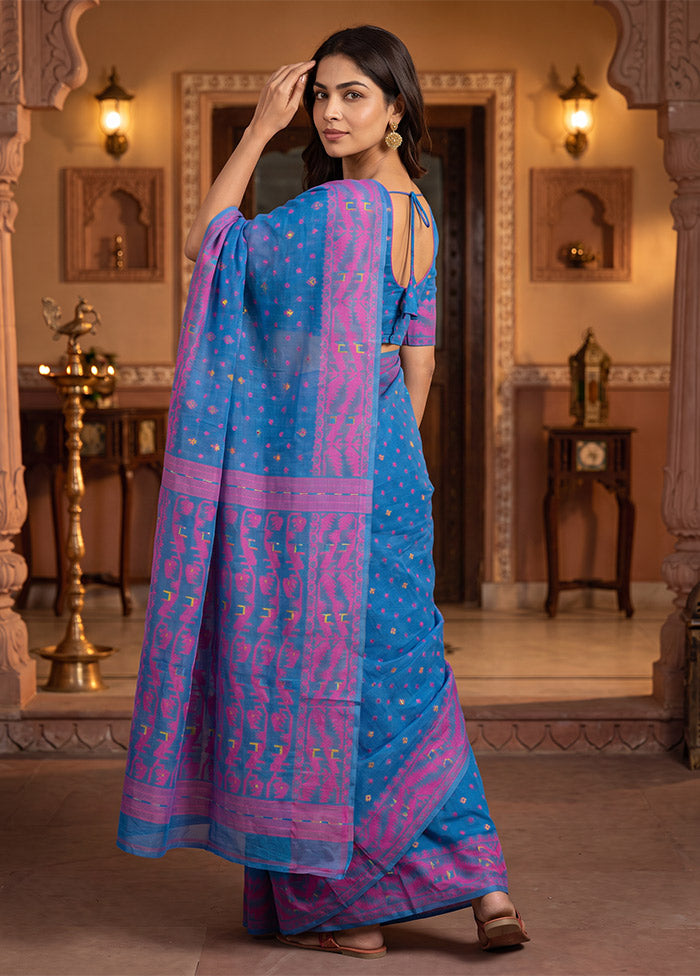 Blue Jamdani Cotton Saree Without Blouse Piece