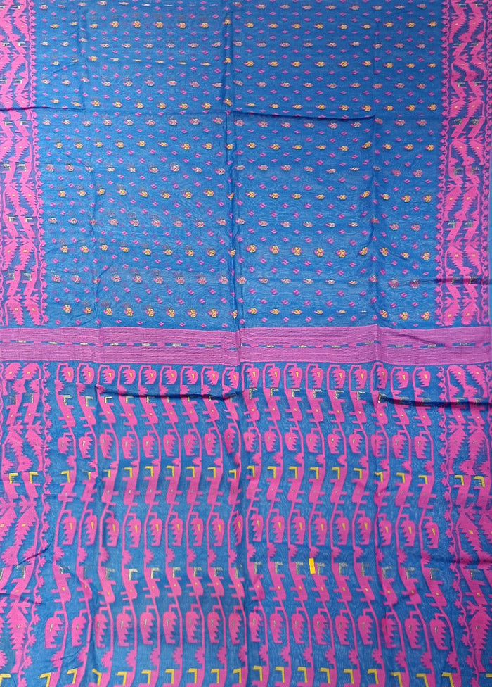 Blue Jamdani Cotton Saree Without Blouse Piece