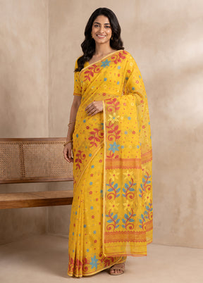 Yellow Jamdani Cotton Saree Without Blouse Piece