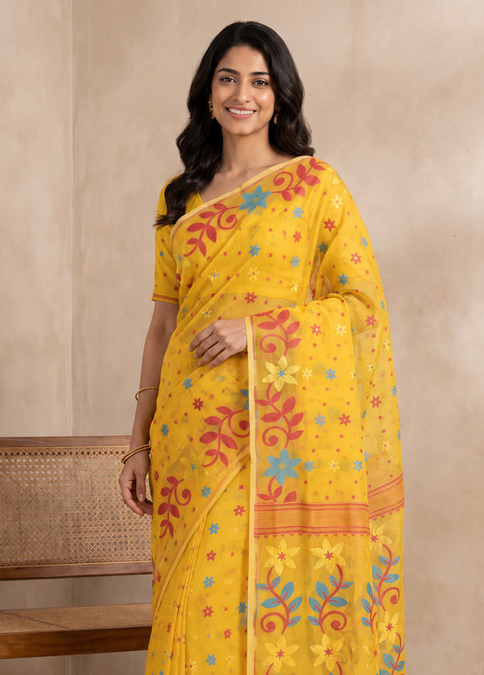 Yellow Jamdani Cotton Saree Without Blouse Piece