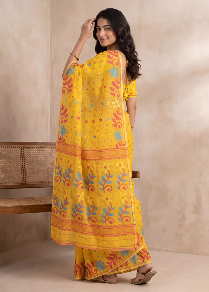 Yellow Jamdani Cotton Saree Without Blouse Piece