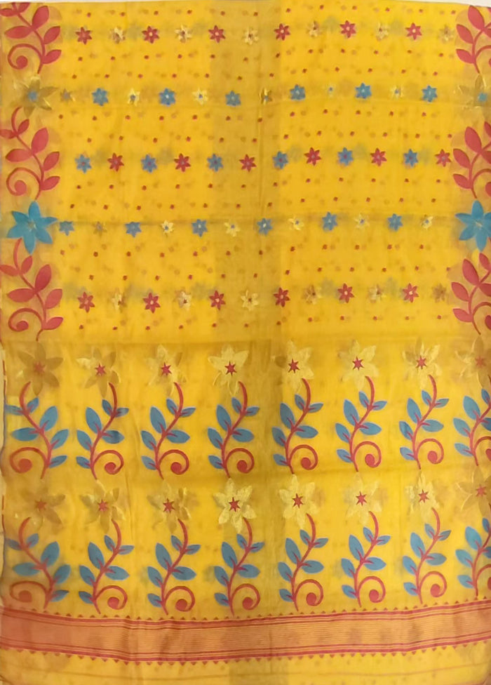 Yellow Jamdani Cotton Saree Without Blouse Piece