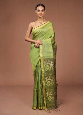 Green Handloom Matka Pure Silk Saree With Blouse Piece