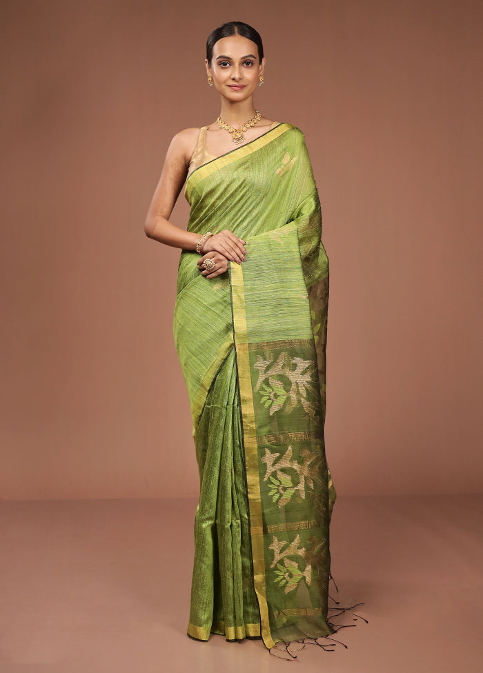 Green Handloom Matka Pure Silk Saree With Blouse Piece