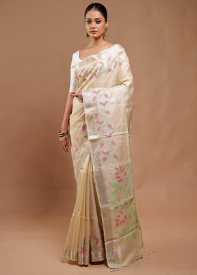 Cream Handloom Tussar Pure Silk Saree With Blouse Piece
