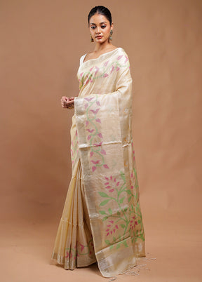 Cream Handloom Tussar Pure Silk Saree With Blouse Piece