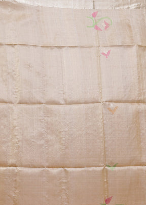 Cream Handloom Tussar Pure Silk Saree With Blouse Piece