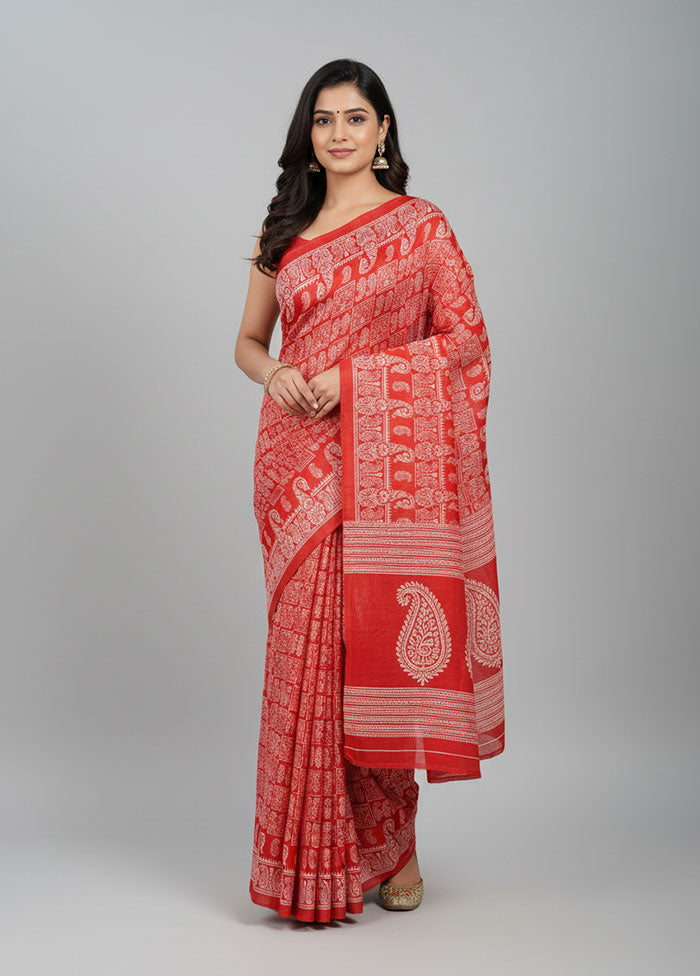 Red Printed Pure Silk Saree Without Blouse Piece