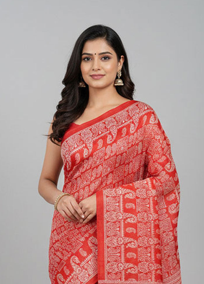 Red Printed Pure Silk Saree Without Blouse Piece