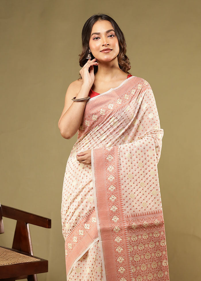 Cream Pure Cotton Saree With Blouse Piece