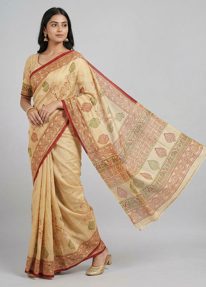 Yellow Printed Pure Silk Saree Without Blouse Piece