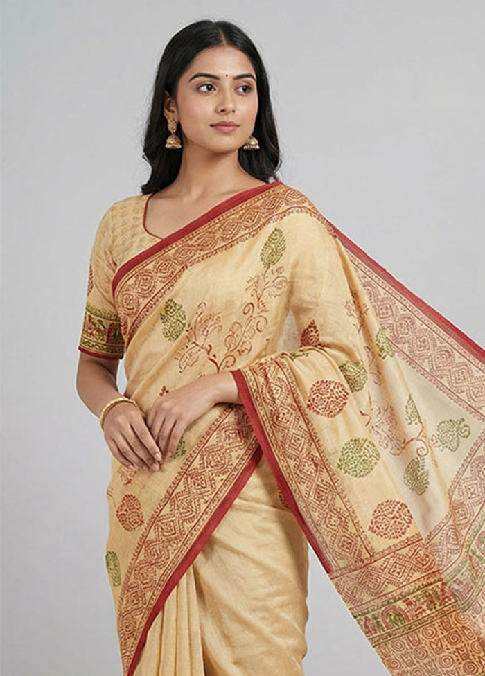 Yellow Printed Pure Silk Saree Without Blouse Piece