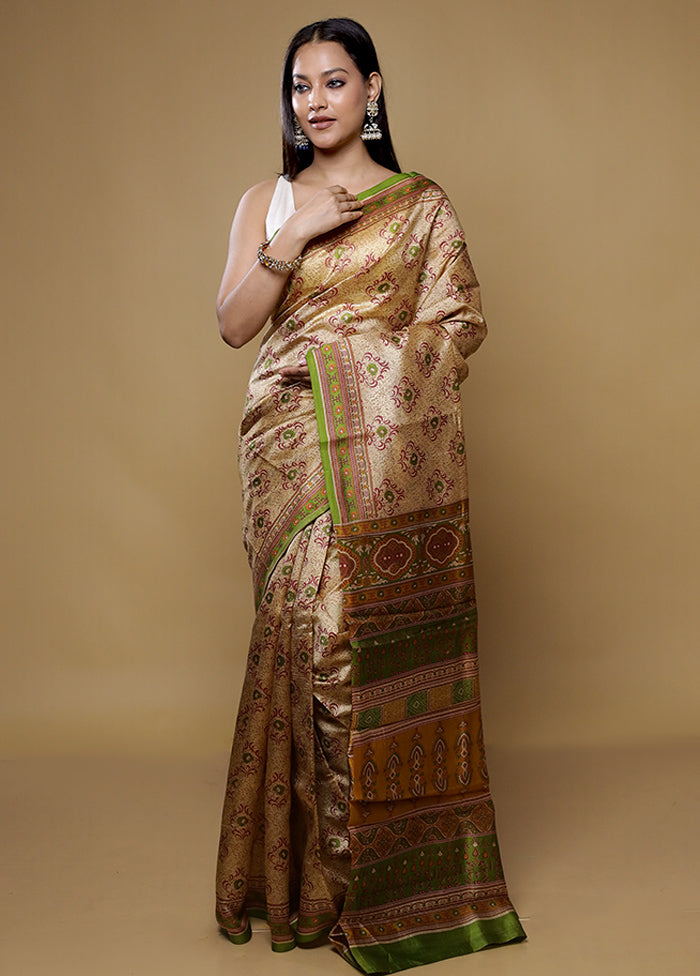Cream Printed Silk Saree Without Blouse Piece