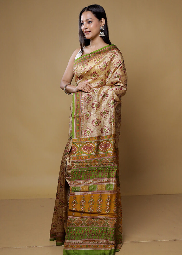 Cream Printed Silk Saree Without Blouse Piece