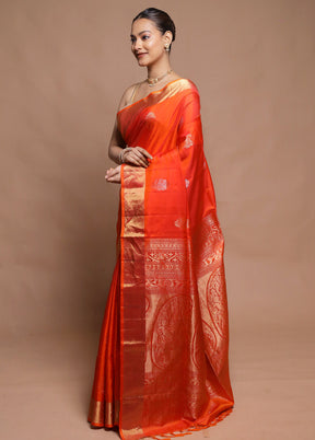 Orange Handloom Kanjivaram Pure Silk Saree With Blouse Piece