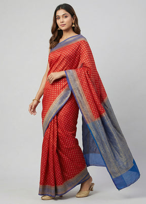 Red Dupion Silk Saree With Blouse Piece