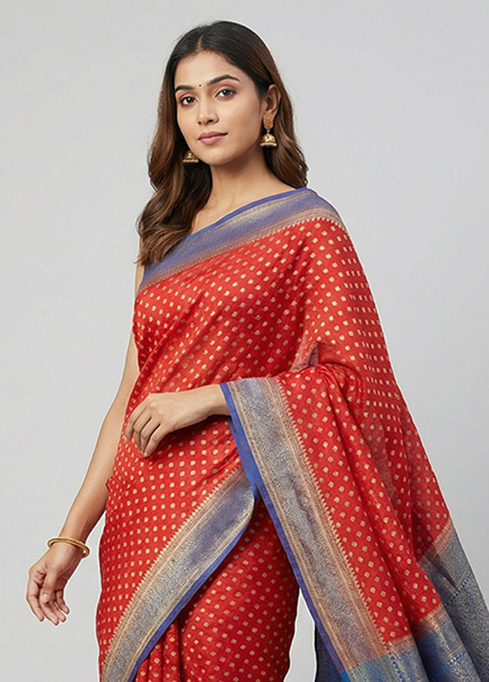 Red Dupion Silk Saree With Blouse Piece