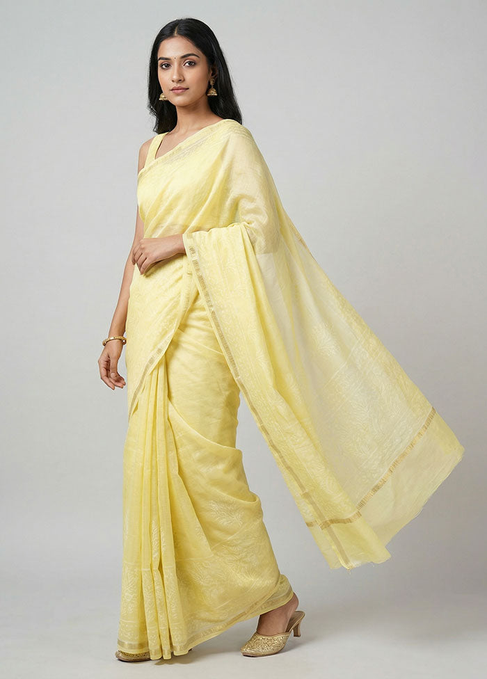 Yellow Chanderi Cotton Saree With Blouse Piece